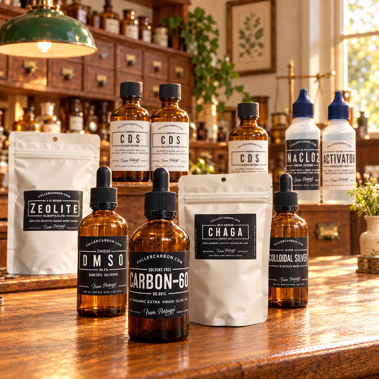 The Fuller Carbon collection arranged on a warm wooden apothecary counter
